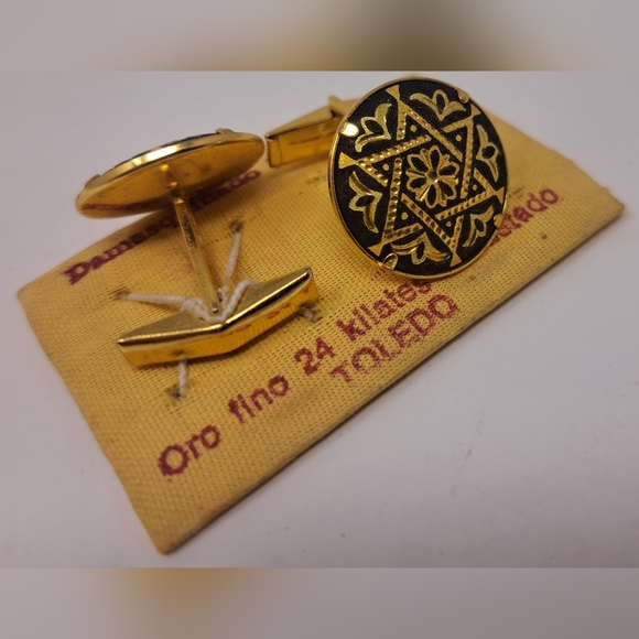 Vintage Men's Cufflinks 24 Karat Fine Gold 70s Spain Star Filigree Black Gold - Picture 4 of 13